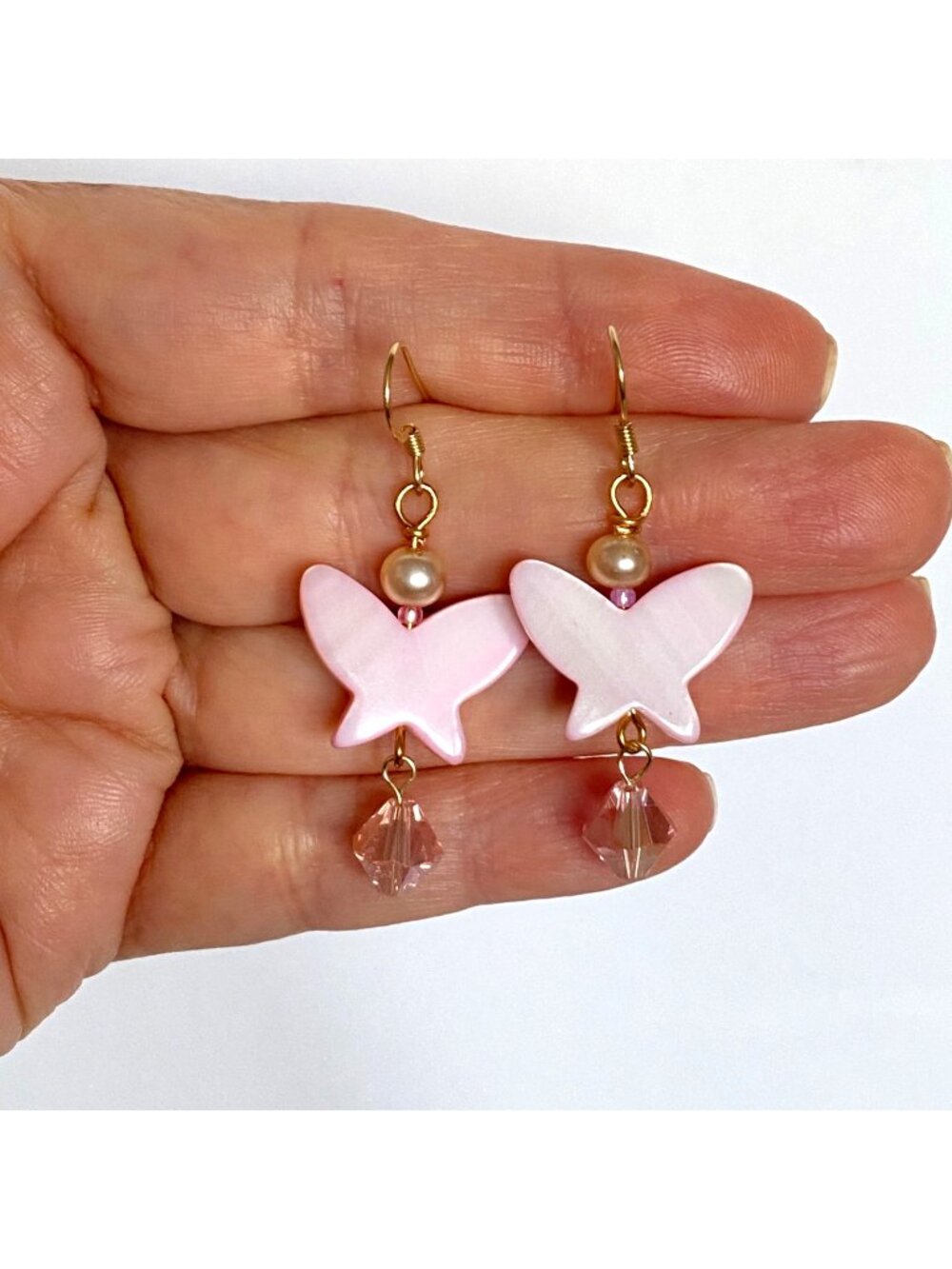 Pink MOP Butterfly Pearls Swarovski Crystal Gold Filled Dangle Pierced Earrings
